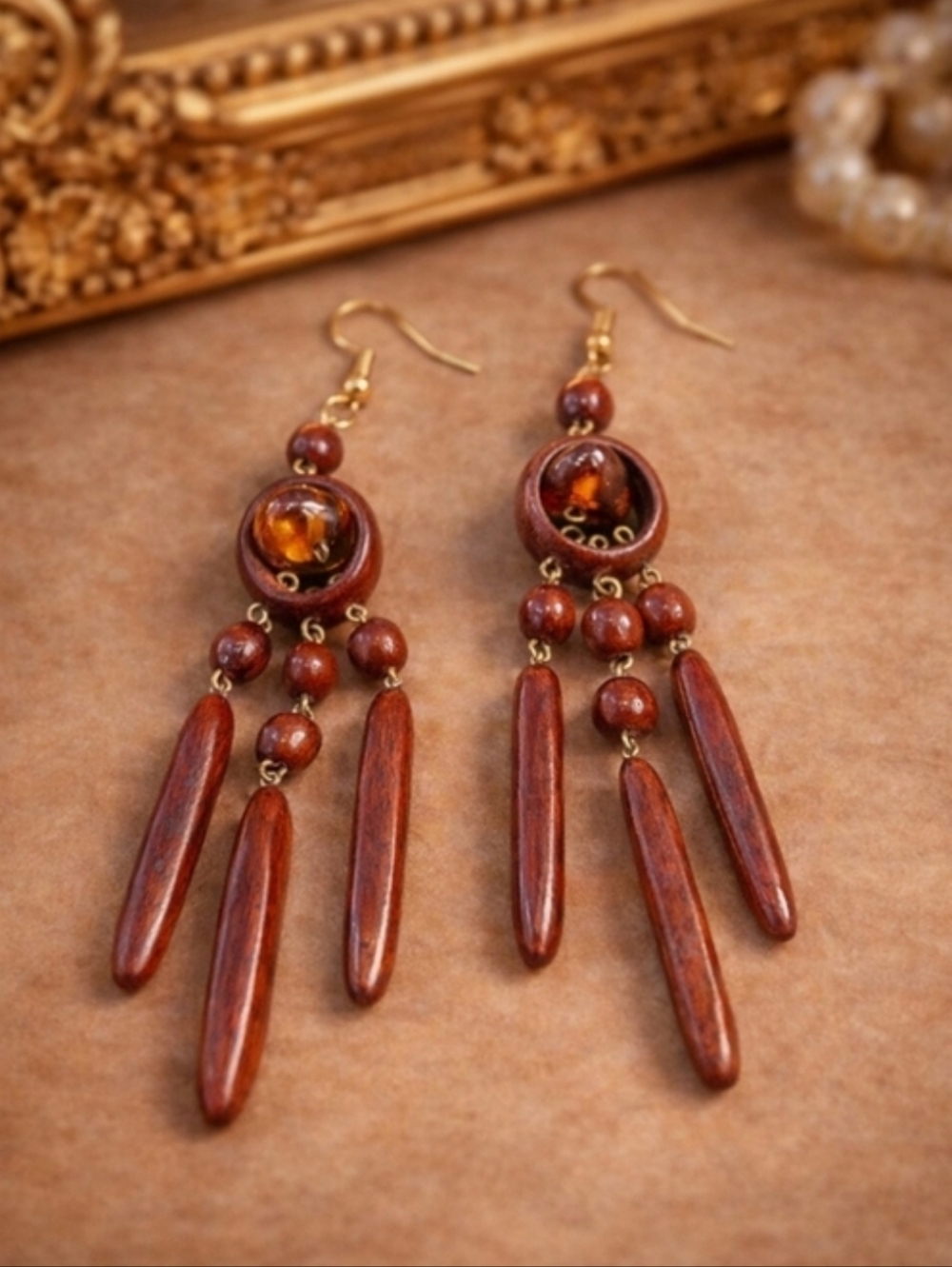 Viktoria Hayman Style Wood Dangle Earrings Amber Cabochon Boho Long Drop